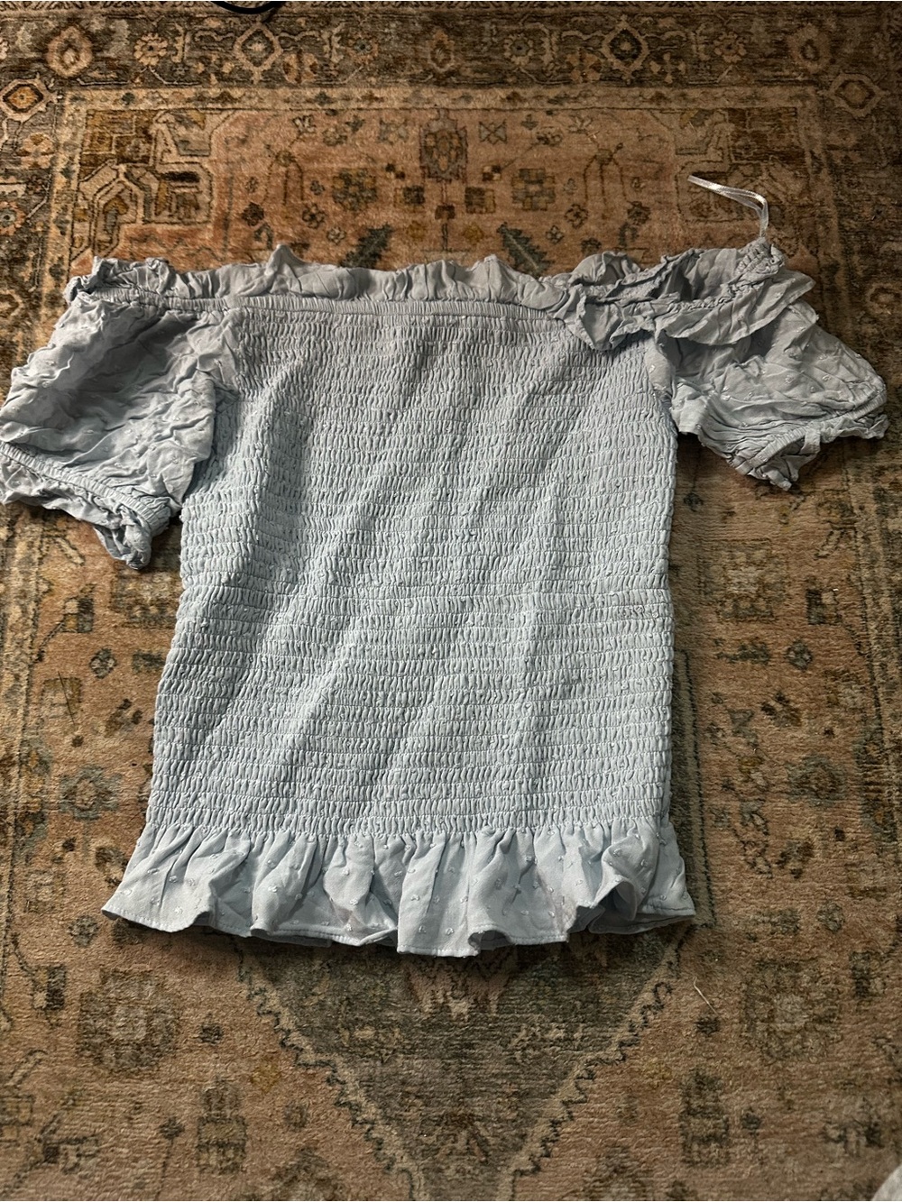 Express Light Blue Smocked Off-the-Shoulder Ruffle Blouse